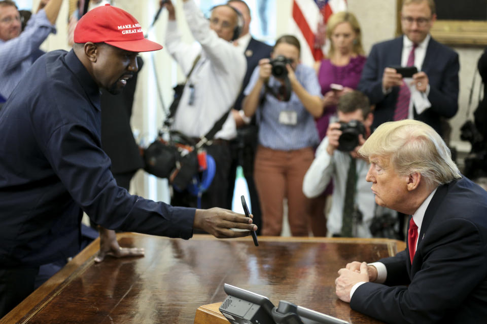 Rapper Kanye West with President Trump during a meeting in the Oval office of the White House on Oct. 11, 2018. (Photo: Oliver Contreras/Getty Images)