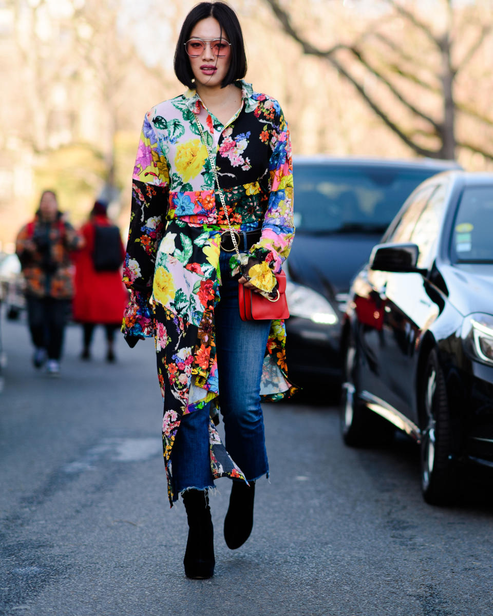 <p>Half-tuck a floral shirt dress over kick flare jeans and boots.</p>