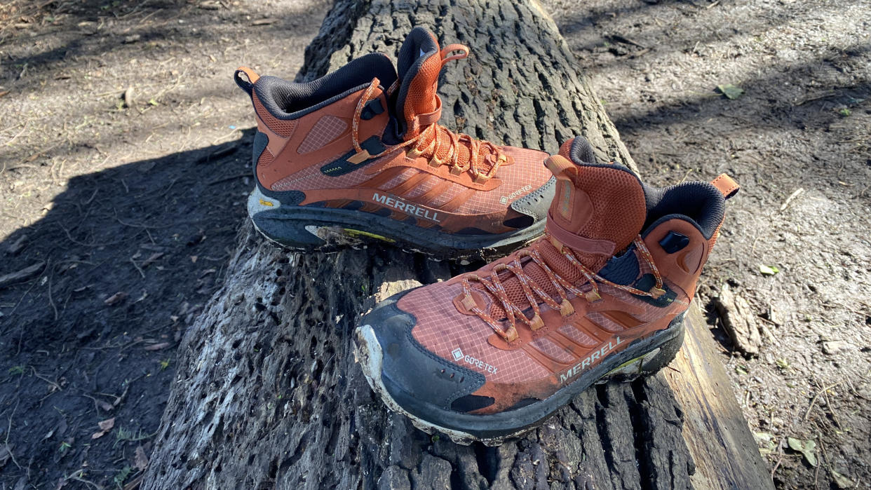  Merrell Moab Speed 2 Mid Gore-Tex: shoes on a log. 