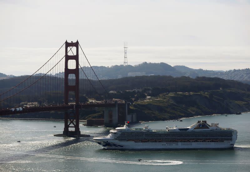 The cruise ship Grand Princess passes the Golden Gate bridge in San Francisco