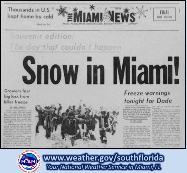 The Miami News headline announcing snow.