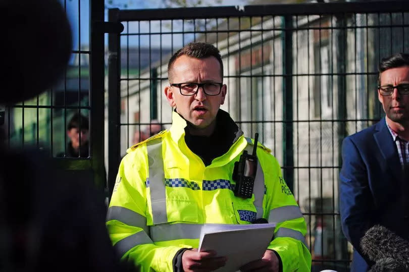 Superintendent Ross Evans, of Dyfed-Powys Police, makes a statement outside Amman Valley school, in Ammanford, Carmarthenshire, after an arrest was made and three people have been injured at the school. Two air ambulances reportedly attended the school on Wednesday, along with a number of police vehicles