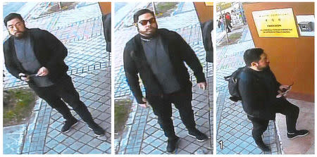 A combination photo of former U.S. Marine Christopher Philip Ahn allegedly shown in a still photo from a surveillance camera standing in front of and entering the North Koria embassy in Madrid, Spain, February 22, 2019. U.S. Attorney's Office Central District of California/Handout via REUTERS