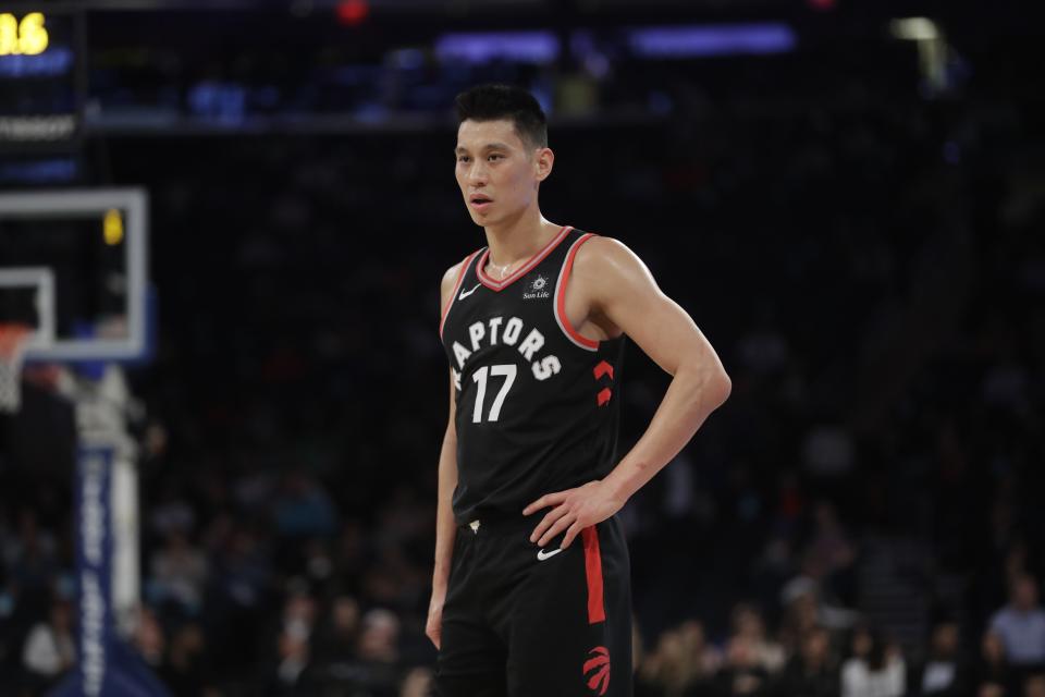 Toronto Raptors' Jeremy Lin (17) during the second half of an NBA basketball game against the New York Knicks Thursday, March 28, 2019, in New York. The Raptors won 117-92. (AP Photo/Frank Franklin II)