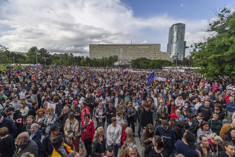 People take part in a protest against the government organised by the Progressive Slovakia movement on Freedom Square in Bratislava