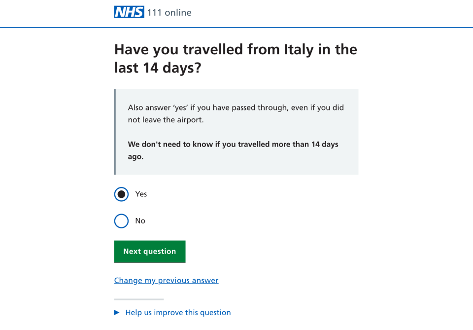 The questionnaire asks if the user has visited coronavirus-hit Italy in the last two weeks.