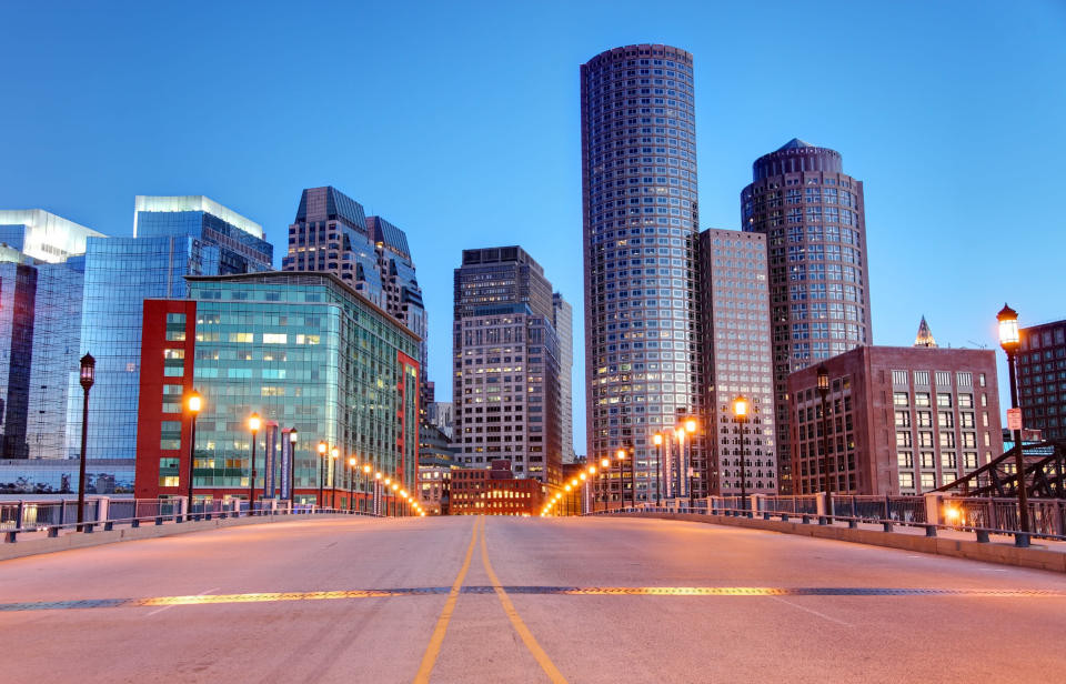 city street leading into Boston