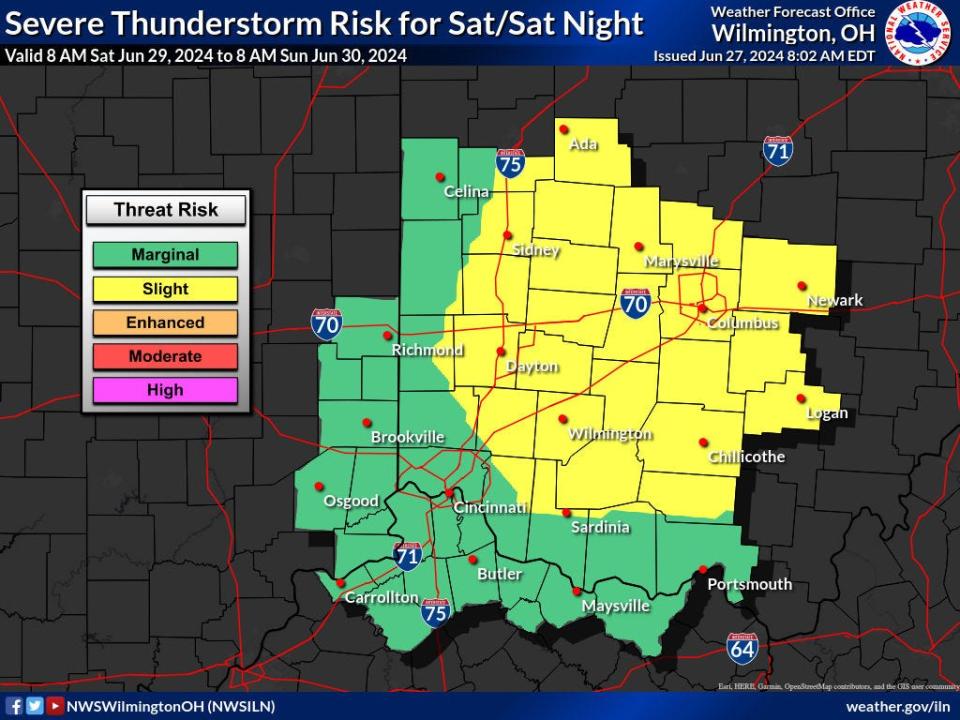 A map of the region's severe weather risk for Saturday provided by the National Weather Service.