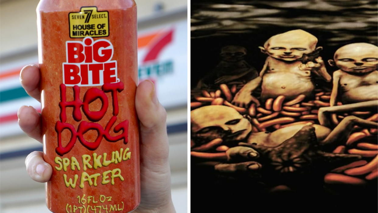  A can of hot dog-flavoured water, next to art for the Limp Bizkit album Chocolate Starfish And The Hot Dog Flavored Water. 