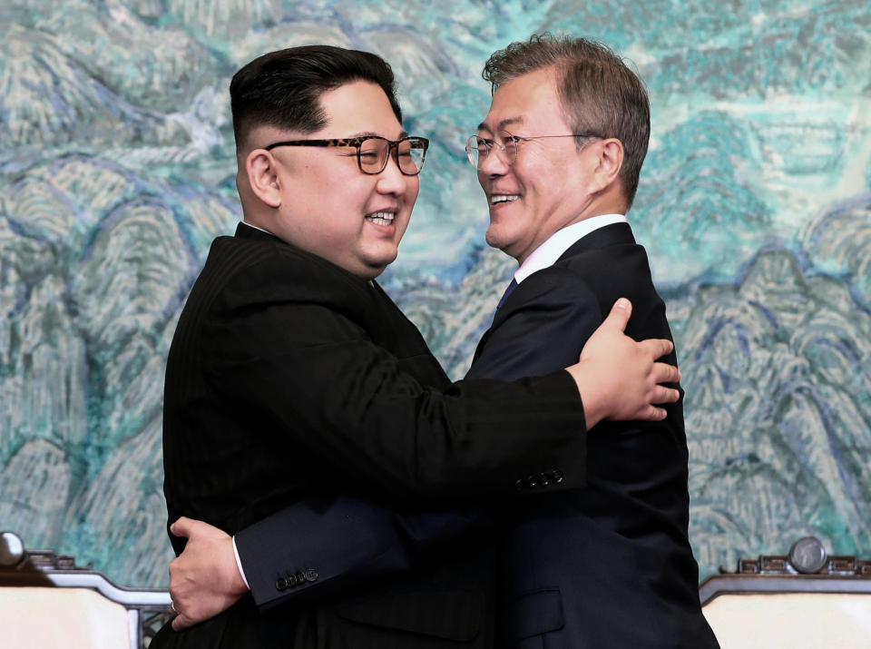 FILE - In this April 27, 2018 file photo, North Korean leader Kim Jong Un, left, and South Korean President Moon Jae-in embrace each other after signing on a joint statement at the border village of Panmunjom in the Demilitarized Zone, South Korea. Seoul has prioritized stabilizing its bilateral relationship with North Korea amid the larger nuclear negotiations between the U.S. and the North. It now hopes the second U.S. President Donald Trump-Kim summit will provide an opportunity to restart inter-Korean economic projects held back by heavy U.S.-led sanctions against the North. (Korea Summit Press Pool via AP, File)