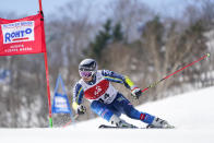 Matts Olsson of Sweden competes in the men's giant slalom during the FIS Alpine Ski World Cup at Naeba Ski Resort in Yuzawa, Niigata prefecture, northern Japan, Saturday, Feb. 22, 2020. (AP Photo/Christopher Jue)