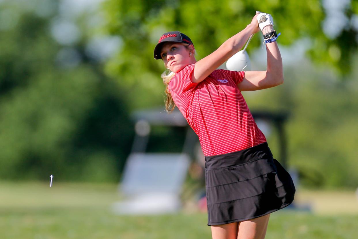 Davis’ Preslee Hunt tees off at the Class 3A Girls golf state tournament at Lincoln Park Golf Course in Oklahoma City on Monday, April 29, 2024.