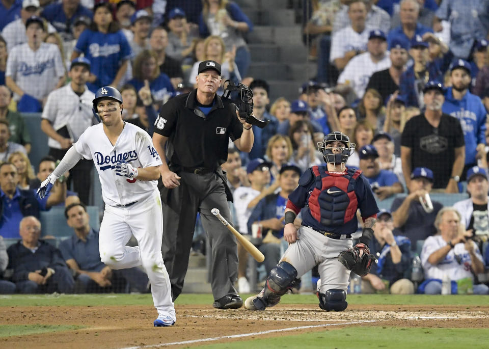 Los Angeles Dodgers’ Joc Pederson watches his home run against the Boston Red Sox during the third inning in Game 3 of the World Series baseball game on Friday, Oct. 26, 2018, in Los Angeles. (AP)