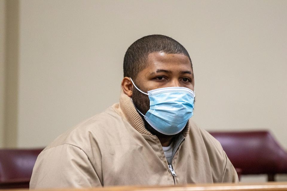 Tyler Rios, 27, of Highland Park, who is facing murder and kidnapping charges in connection with the July 2021 death of his ex-girlfriend Yasemin Uyar and the kidnapping of the couple's then 2-year-old son, Sebastian, appears before Superior Court Judge John M. Deitch during a court hearing in the annex of the Union County Courthouse in Elizabeth, NJ Monday, April 4, 2022. Rios plead guilty to two crimes, aggravated manslaughter in the first degree and desecrating human remains in the second degree.