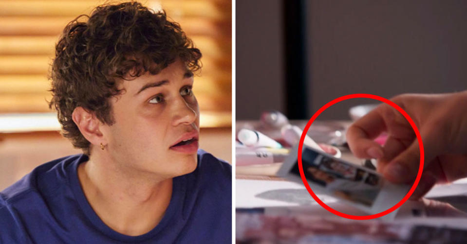 L: Home and Away Theo Poulos looks stunned. R: A hand holds a polaroid of Theo on the show