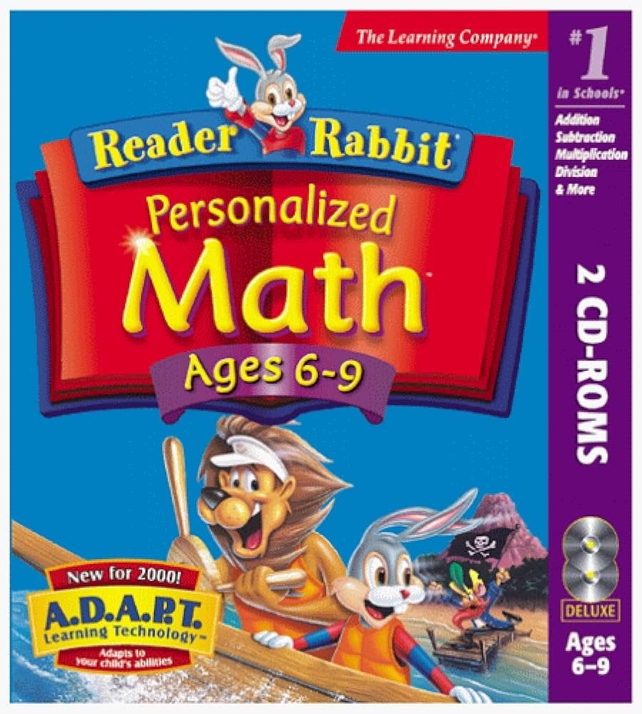 Cover of "Reader Rabbit Personalized Math" software with cartoon characters for ages 6-9. Includes 2 CD-ROMs
