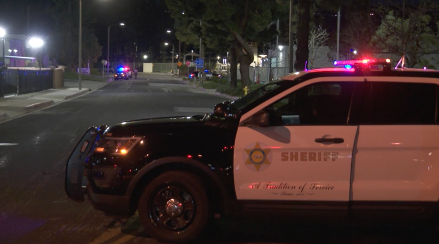 Deputies close off the area outside the Los Angeles County Sheriff’s Department station in the city of Industry. Authorities allege a juvenile female stole a gun from a deputy and died of a self-inflicted gunshot wound on March 24, 2024. (KTLA)