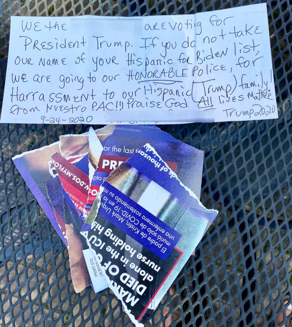 A Hispanic Trump supporter sent back a pro-Biden mailer with a handwritten note dated Sept. 24, 2020, affirming their support for Trump. (Courtesy Nuestro PAC)