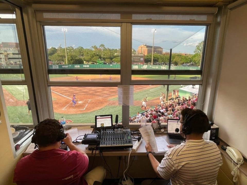 Jeff Culhane and Ariya Massoudi call the Florida State-Florida softball game on radio.