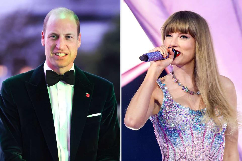 <p>Chris Jackson/Getty;  Scott Eisen/TAS23/Getty Images for TAS Rights Management</p> Prince William at the 2023 Earthshot Prize Awards Ceremony on Nov. 7; Taylor Swift performing during The Eras Tour in May.