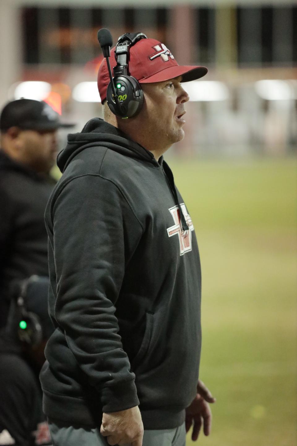 Washington football coach Brad Beller watches his team during a game last season against Jones.