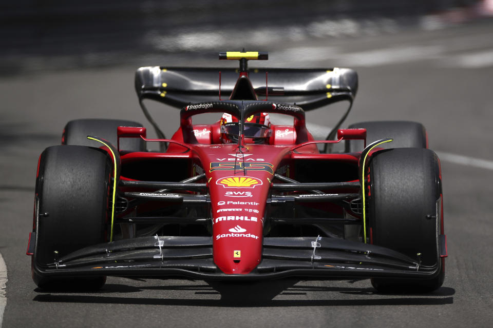 Ferrari driver Carlos Sainz of Spain steers his car during the third free practice at the Monaco racetrack, in Monaco, Saturday, May 28, 2022. The Formula one race will be held on Sunday. (AP Photo/Daniel Cole)