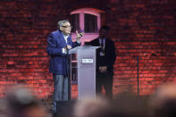 In this Monday, Jan. 27, 2020 photo, Auschwitz survivor Marian Turski delivers a speech during commemorations marking the 75th anniversary of the liberation of the the Auschwitz death camp in Oswiecim, Poland. Turski made a powerful warning against indifference in the face of discrimination. His remarks are reverberating strongly in his native Poland, with some praising it as a wise and historic speech, but the conservative government criticizing it as overtly political. (AP Photo/Markus Schreiber)