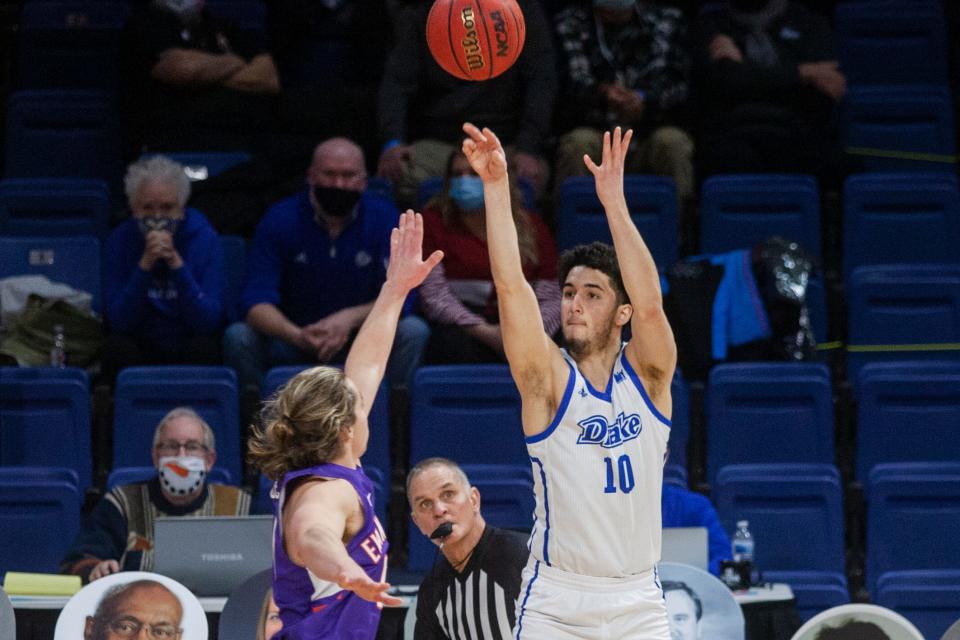 Okay Djamgouz, pictured during the 2021 season, scored a career-high 15 points while sinking three 3-pointers in Sunday's game against UT Martin.