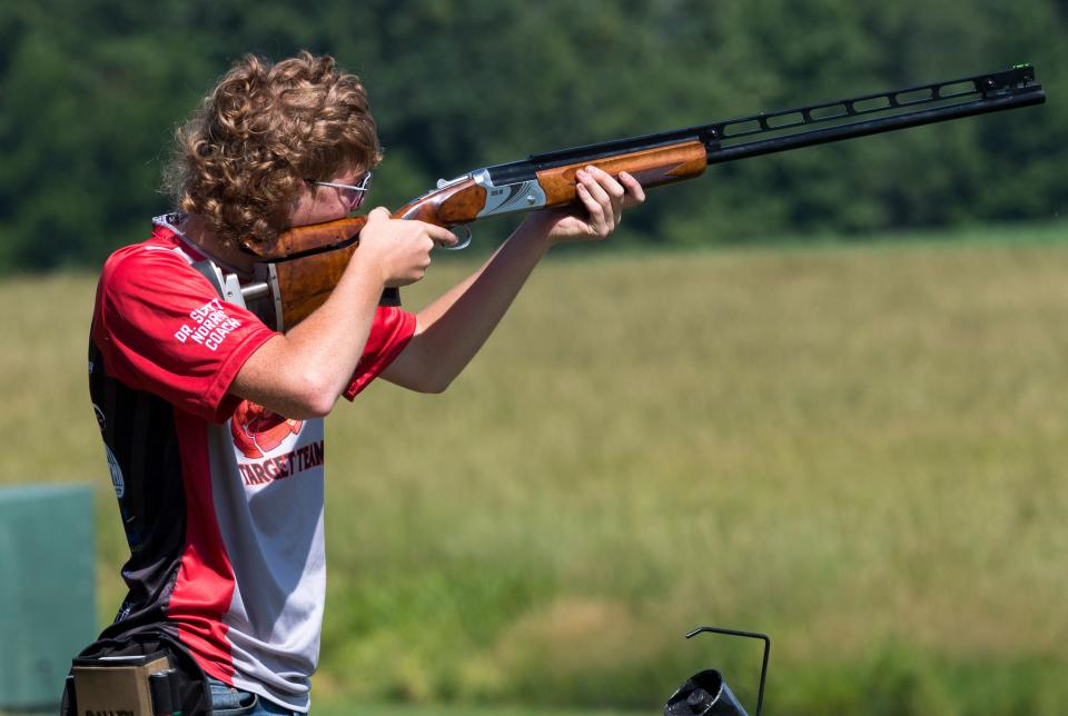 Mater Dei’s Landon Kite participates in the Southwest Indiana Shootout at the Evansville Gun Club Saturday morning, June 4, 2022.