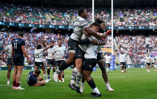 Fiji celebrate after their win over England at Twickenham in August
