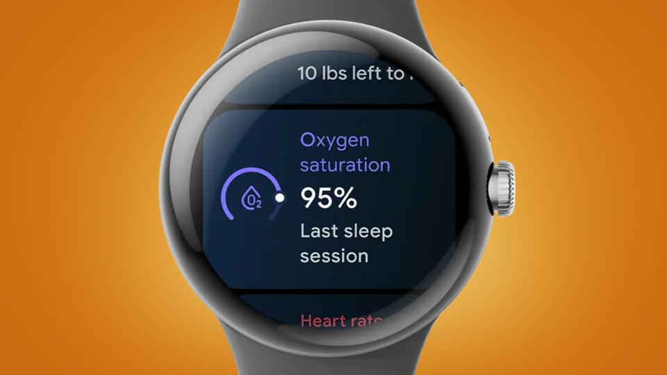 A Google Pixel Watch on an orange background showing SpO2 readings