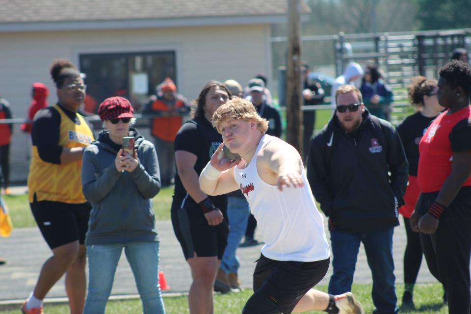 Crestview's Wade Bolin competing in the shot put at the Mehock Relays.