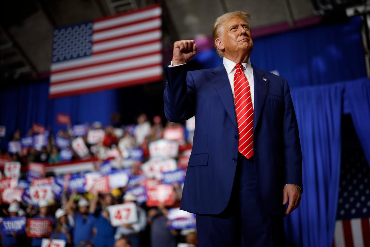 Republican presidential nominee, former U.S. President Donald Trump takes the stage during a campaign rally in the 1st Summit Arena at the Cambria County War Memorial on August 30, 2024 in Johnstown, Pennsylvania.