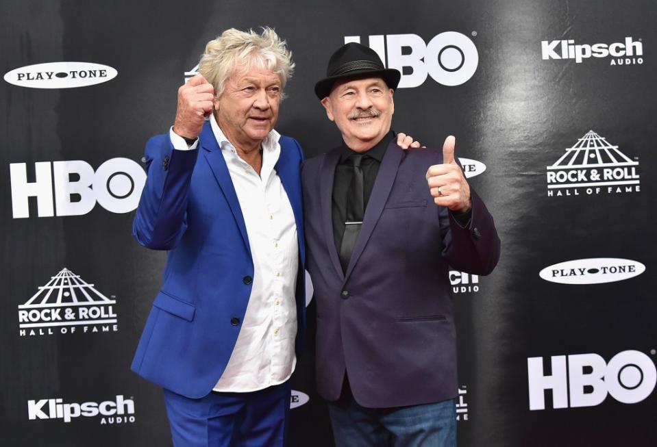 John Lodge (left) and Mike Pinder of the Moody Blues in 2018. Getty Images For The Rock and Roll Hall of Fame