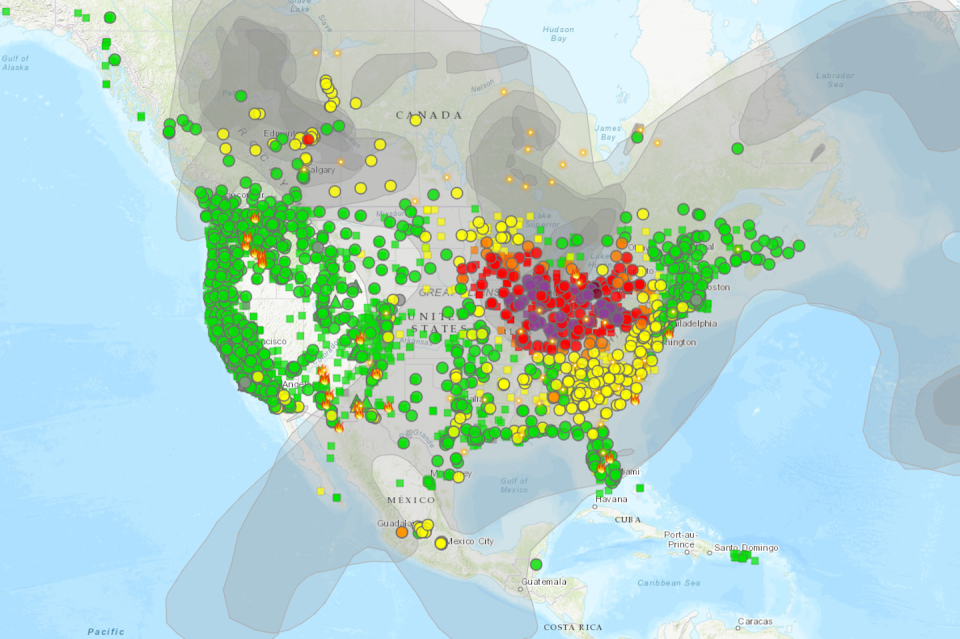 Smoke from wildfires in Canada was detected across a large part of the U.S. on June 28, 2023. Dark purple dots indicate hazardous air quality. Light purple indicates very unhealthy air; red is unhealthy; orange is unhealthy for sensitive groups; and yellow indicates moderate risk. AirNow.gov. <a href="https://fire.airnow.gov/" rel="nofollow noopener" target="_blank" data-ylk="slk:AirNow.gov;elm:context_link;itc:0;sec:content-canvas" class="link ">AirNow.gov</a>