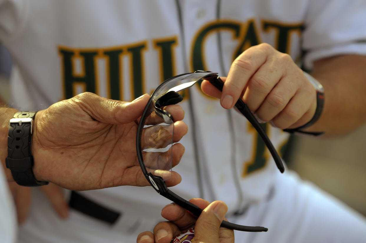 LYNCHBURG, VA - JUNE 15: Luis Salazar, Manager of the Lynchburg Hillcats in Lynchburg, VA on June 15, 2011. Luis is showing his shatterproof glasses he wears whenever he is on the baseball field.   On March 9, 2011, he was struck in the face by a foul ball. Salazar had his left eye removed on March 15, 2011 due to the injuries he sustained from the incident. He has a temporary prosthetic left eye until his permanent one is ready. (Photo by Tracy A. Woodward/The Washington Post via Getty Images)