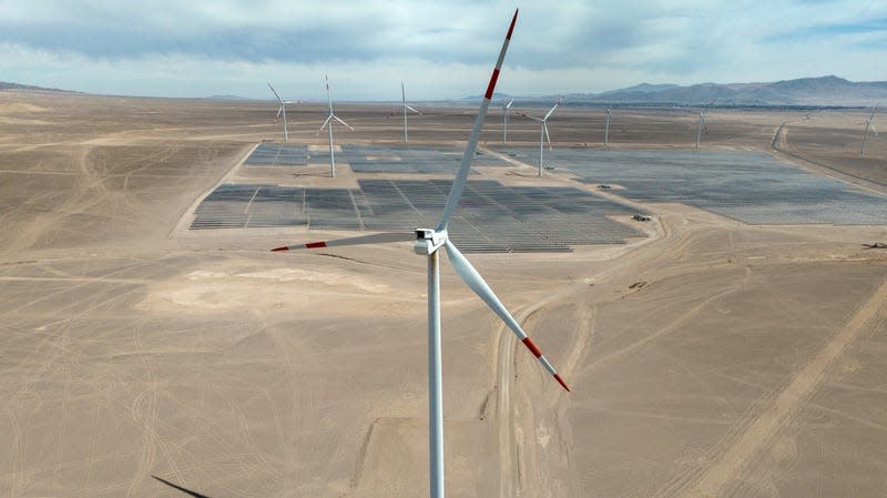 Wind turbines and solar panels in Chile’s Atacama Desert.