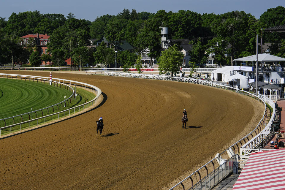 Horses work out ahead of the 156th running of the Belmont Stakes horse race at Saratoga Race Course, Wednesday, June 5, 2024, in Saratoga Springs, N.Y. (AP Photo/Julia Nikhinson)