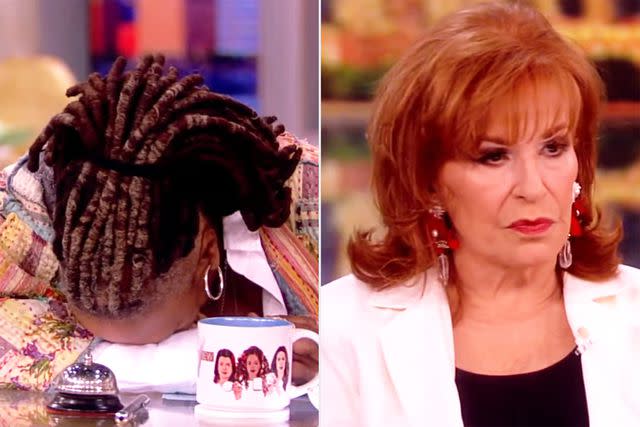 <p>ABC</p> Whoopi Goldberg lowers her head to 'The View' table after Joy Behar's cell phone interrupts show