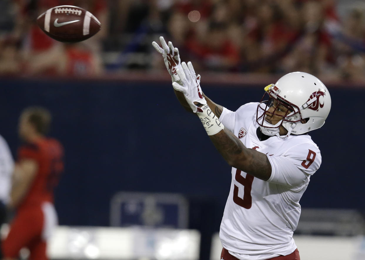 Washington State wide receiver Isaiah Johnson-Mack wondered on Twitter why Mike Leach would restrict his transfer. (AP Photo/Rick Scuteri)