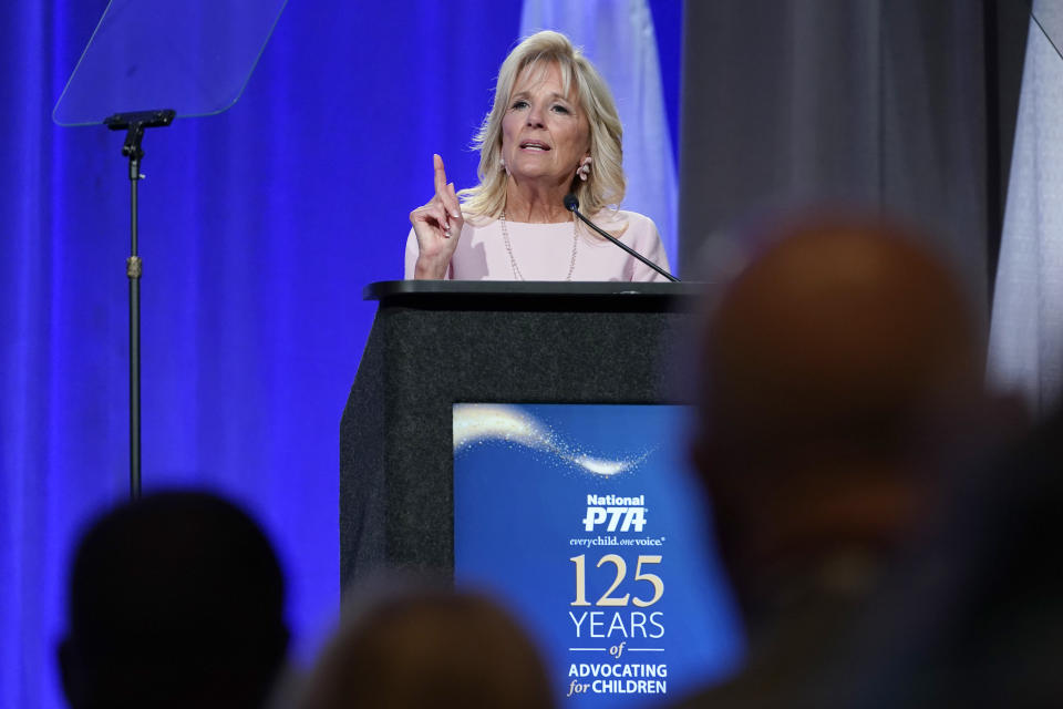 First lady Jill Biden speaks at the 125th Anniversary Convention of the National Parent Teacher Association (PTA) in National Harbor, Md., Friday, June 17, 2022. (AP Photo/Susan Walsh)