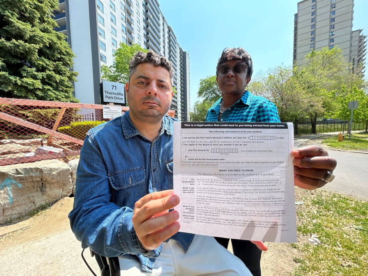 Khalil Aldroubi and Tricia-Ann Israel are tenants at the Thorncliffe Park apartment complex who are on a rent strike to protest proposed above-guideline rent increases.  (Ken Townsend/CBC - image credit)