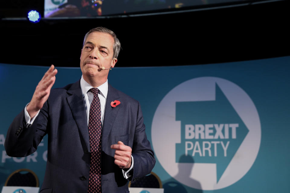 LONDON, UNITED KINGDOM - 2019/11/04: Leader of Brexit Party, Nigel Farage speaks during the party rally where the 600 Parliamentary candidates were introduced for the upcoming general election. (Photo by Steve Taylor/SOPA Images/LightRocket via Getty Images)