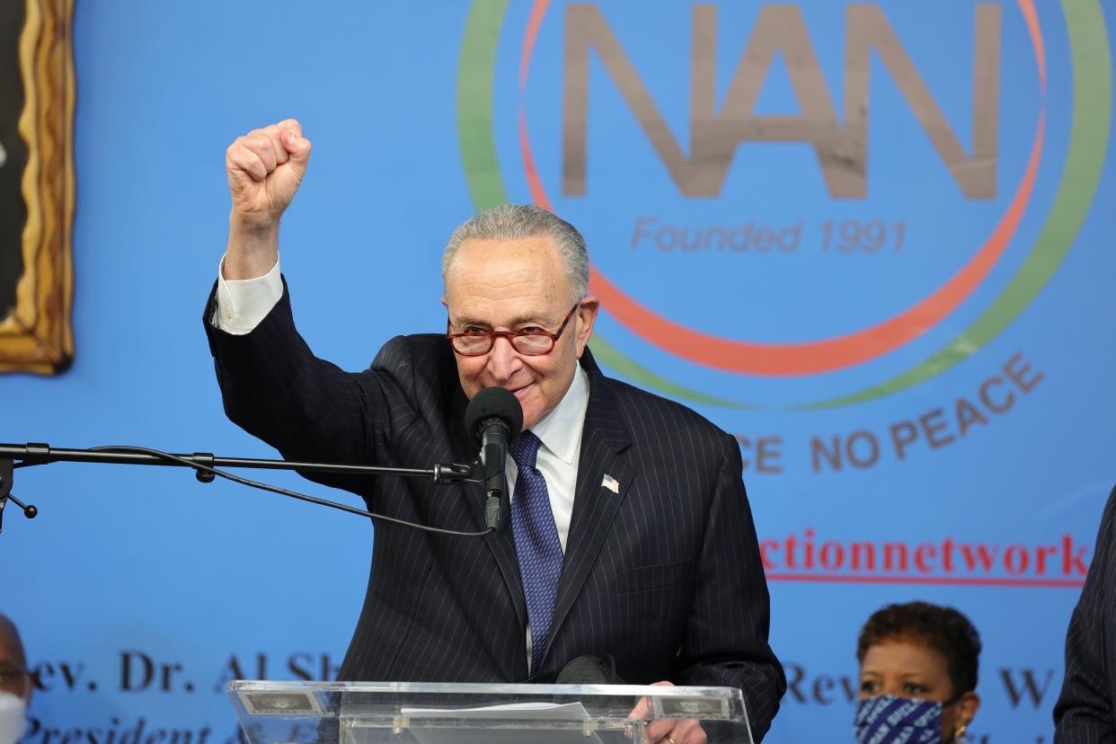 Senator Chuck Schumer (D-N.Y.) speaks at the National Action Networks (NAN) annual Martin Luther King Day event in Harlem, New York on Monday, Jan. 17, 2022.