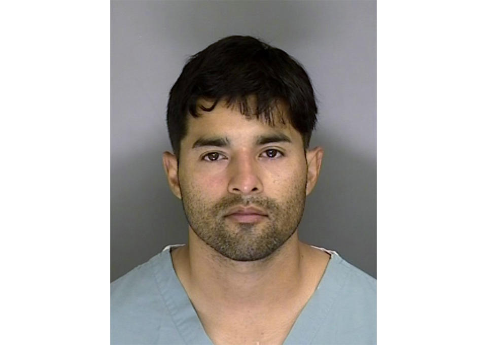 FILE - This Sunday, June 7, 2020, booking photo from the Santa Cruz County Sheriff's Office shows 32-year-old suspect Steven Carrillo. The Air Force sergeant already jailed in the ambush killing of a California sheriff's deputy was charged Tuesday, June 16, 2020 in the shooting death of a federal security officer outside the U.S. courthouse in Oakland during a protest last month. (Santa Cruz Sheriff's Office via AP, File)