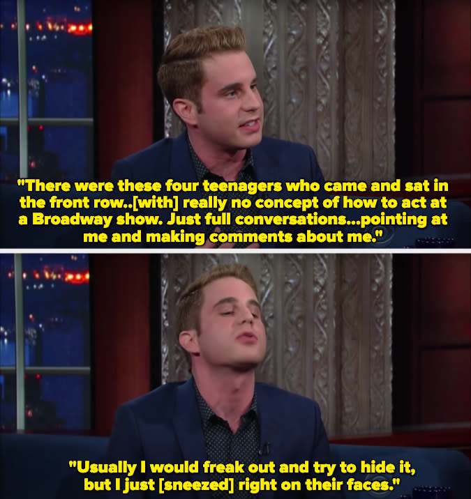 Ben Platt talks about sneezing on disruptive audience members during a performance