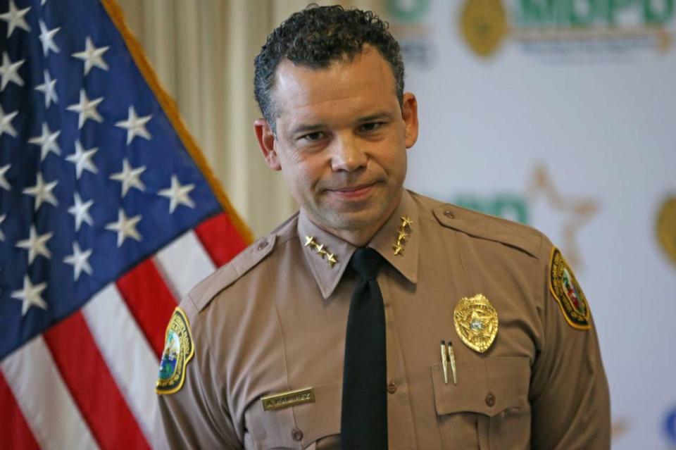 Miami-Dade County Police Director Alfredo “Freddy” Ramirez is recovering in a Tampa hospital from a self-inflicted gunshot wound on Sunday evening. This photo is from the press conference introducing him as the new director at Miami-Dade Police Department Headquarters on January 8, 2020 in Miami.