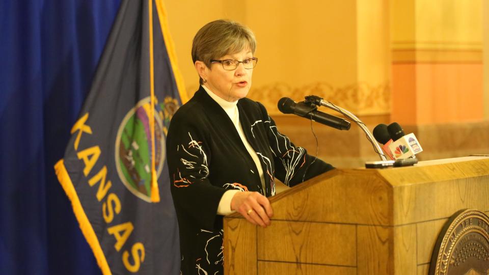 Gov. Laura Kelly speaks before signing a COVID-19 staffing emergency bill Friday in the Statehouse rotunda. (Jan. 21, 2022)