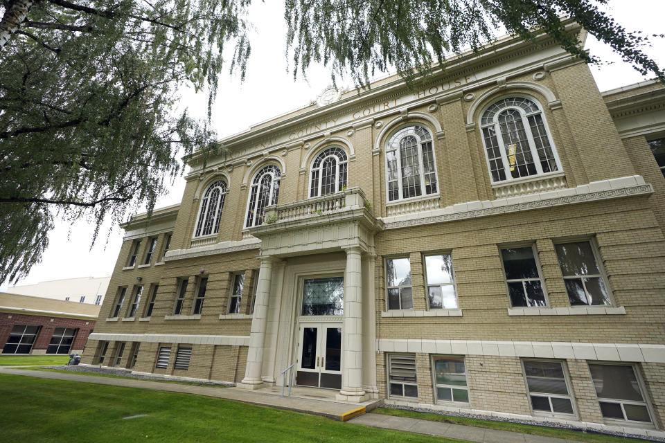 The Kootenai County Courthouse is shown Monday, July 18, 2022 in Coeur d'Alene, Idaho. Several of the 31 members of the Patriot Front white supremacist group who were arrested near a northern Idaho pride event on June 11, 2022, are scheduled to be arraigned on Monday, facing misdemeanor charges of conspiracy to riot. (AP Photo/Ted S. Warren)