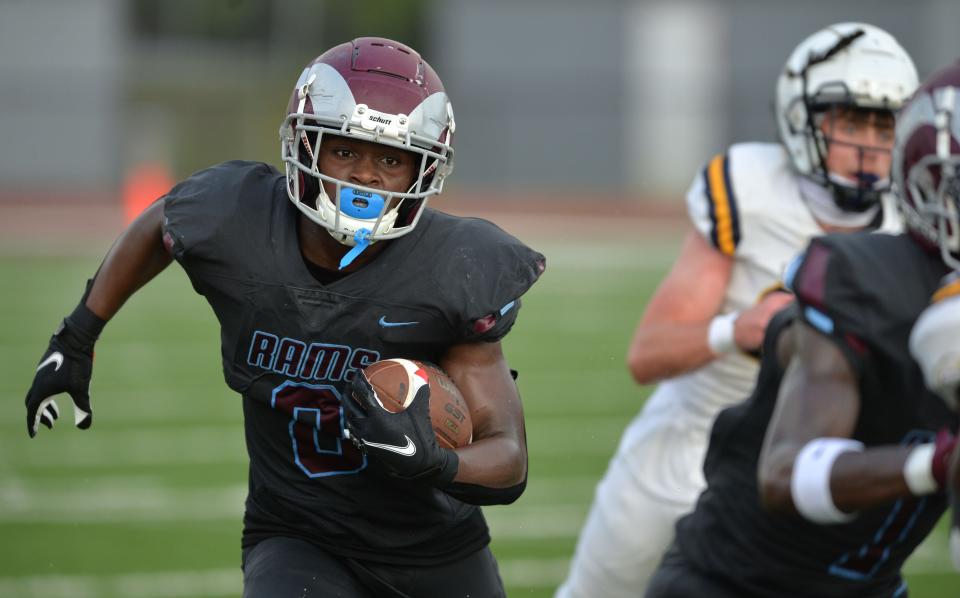 Riverview running back DJ Johnson (#8) carries the ball against Leigh defenders. Riverview High School hosted Lehigh High School in a spring football game on Friday evening, May 26, 2023. 